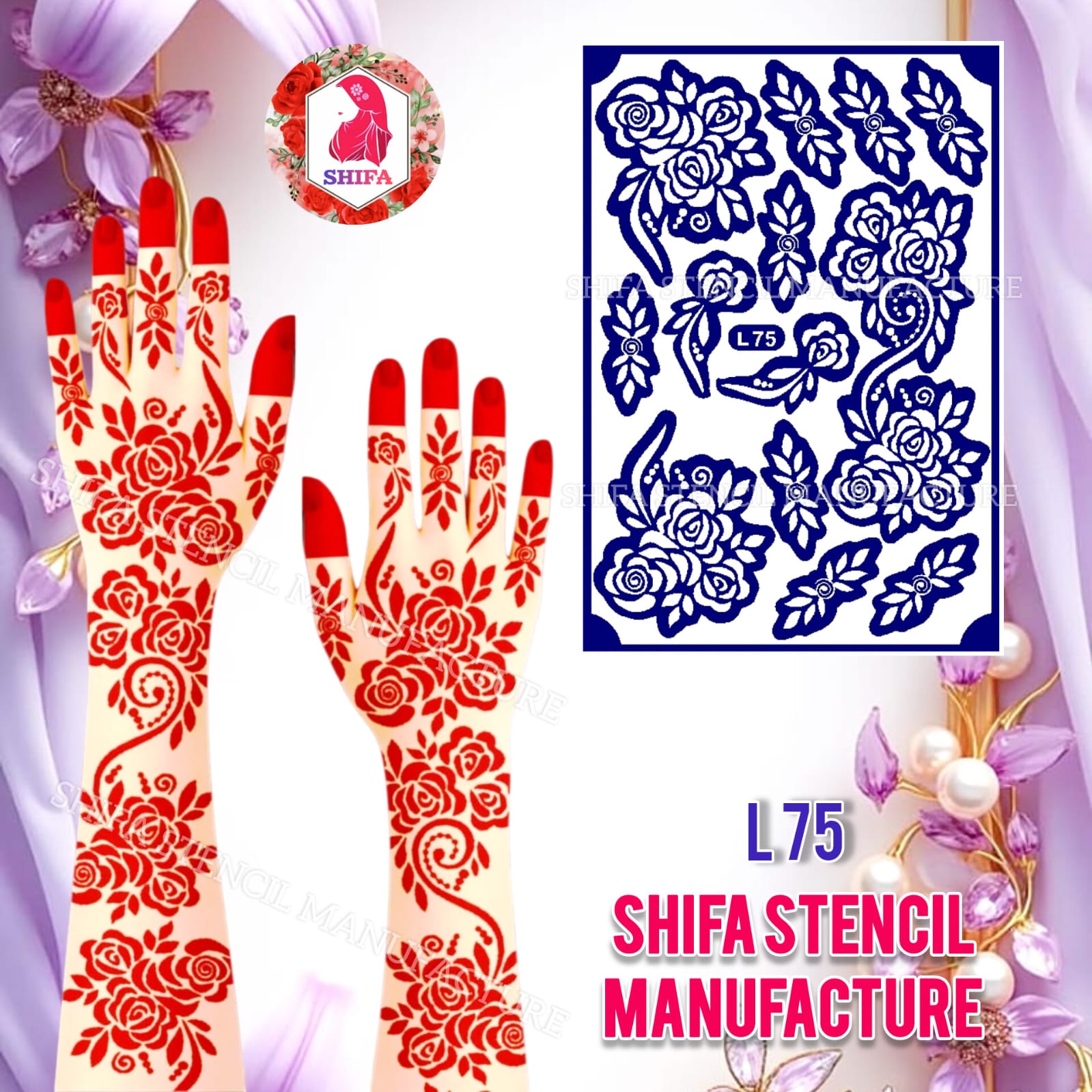 L75 – Royal Rose Garden Sticker Overview Henna Stencil - Shifa Stencil